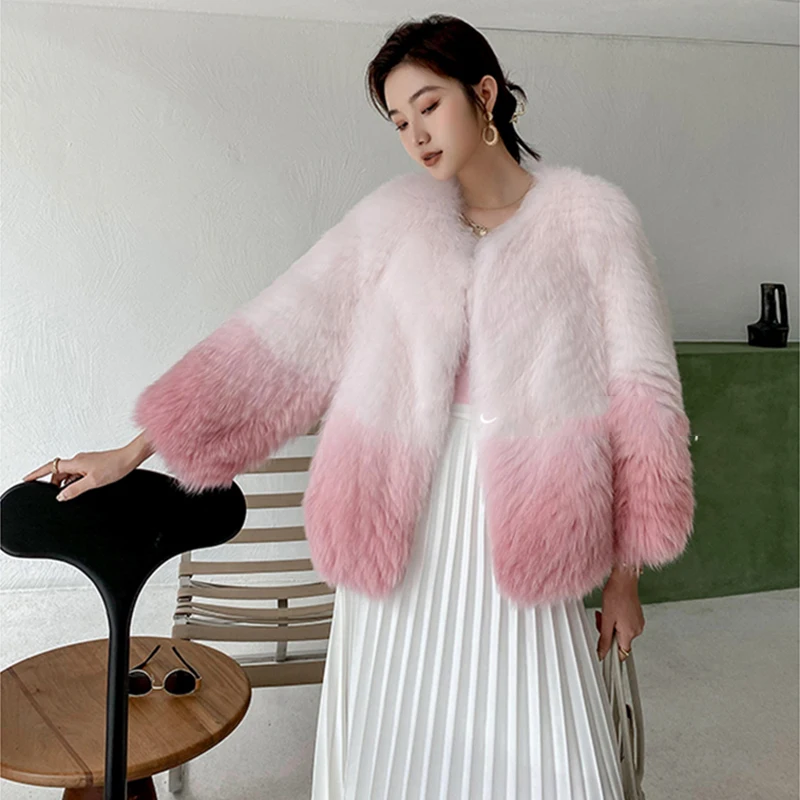 2023 Gradual Color Fox Fur Coat Women's Winter New Korean Sweet Short Round Neck Loose Full Pelt High Quality Real Fur Jackets