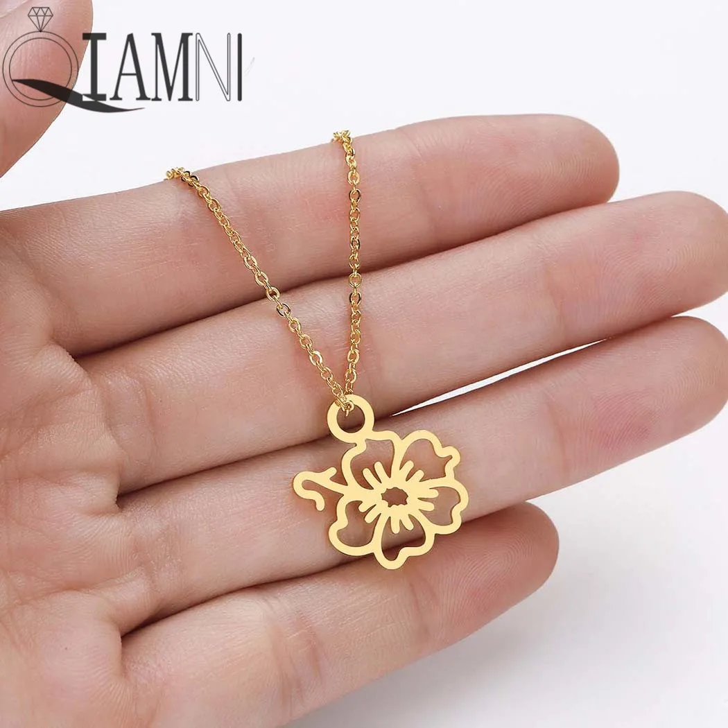 QIAMNI Hibiscus Rosemallows Pendant Necklace Choker Hawaiian Flower Layering Necklace Jewelry Mother Birthday Gift Collier Femme