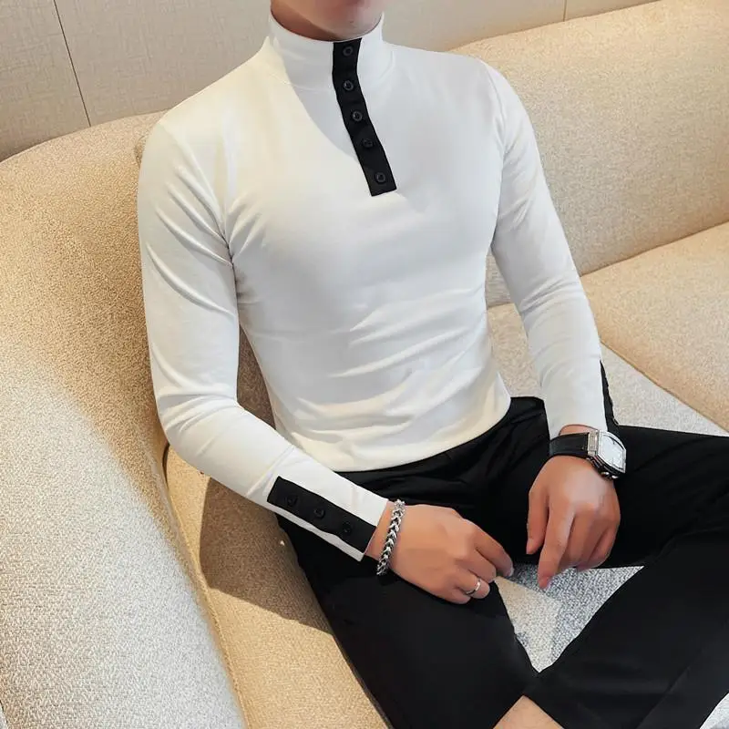 

High Quality Long Sleeve T-shirt, Men's Autumn & Winter Half-High Collar Solid Color Top. Collar Button Polo , Business Casual
