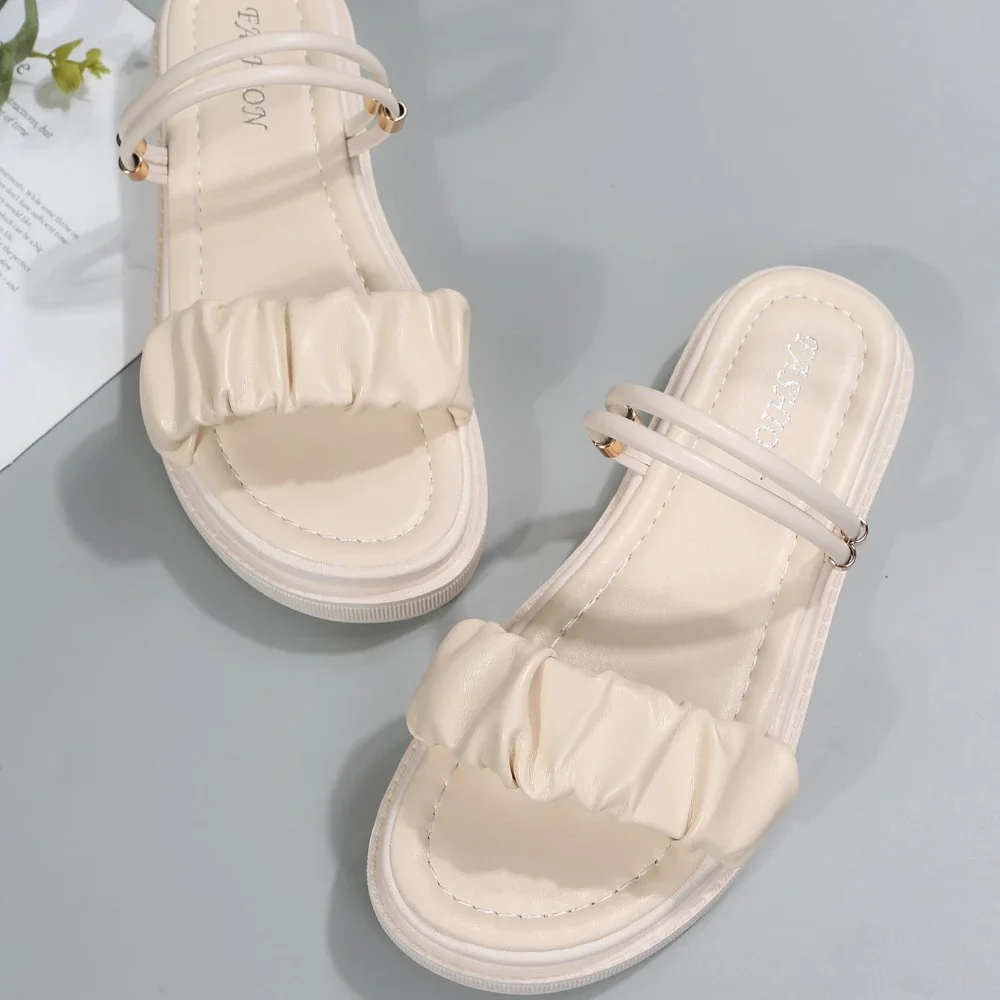 Women Beige Pleated Design Wear Slingback Sandals, Ruched Detail Open Toe Flatform Sandals Daily Shoes