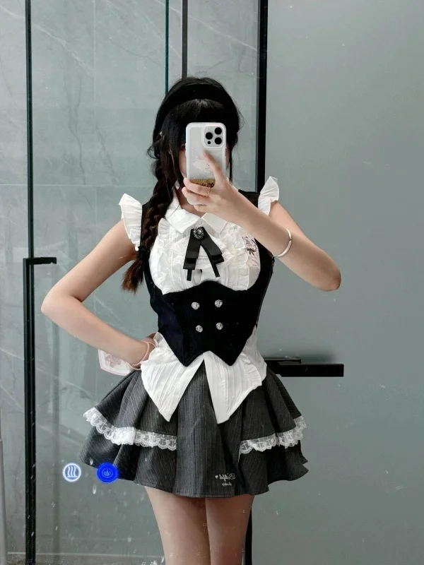 

Cute School Uniform Style Sweet And Spicy Three Piece Set with Puffy Skirt And Blouse with Lace Trim High Waist Breathable