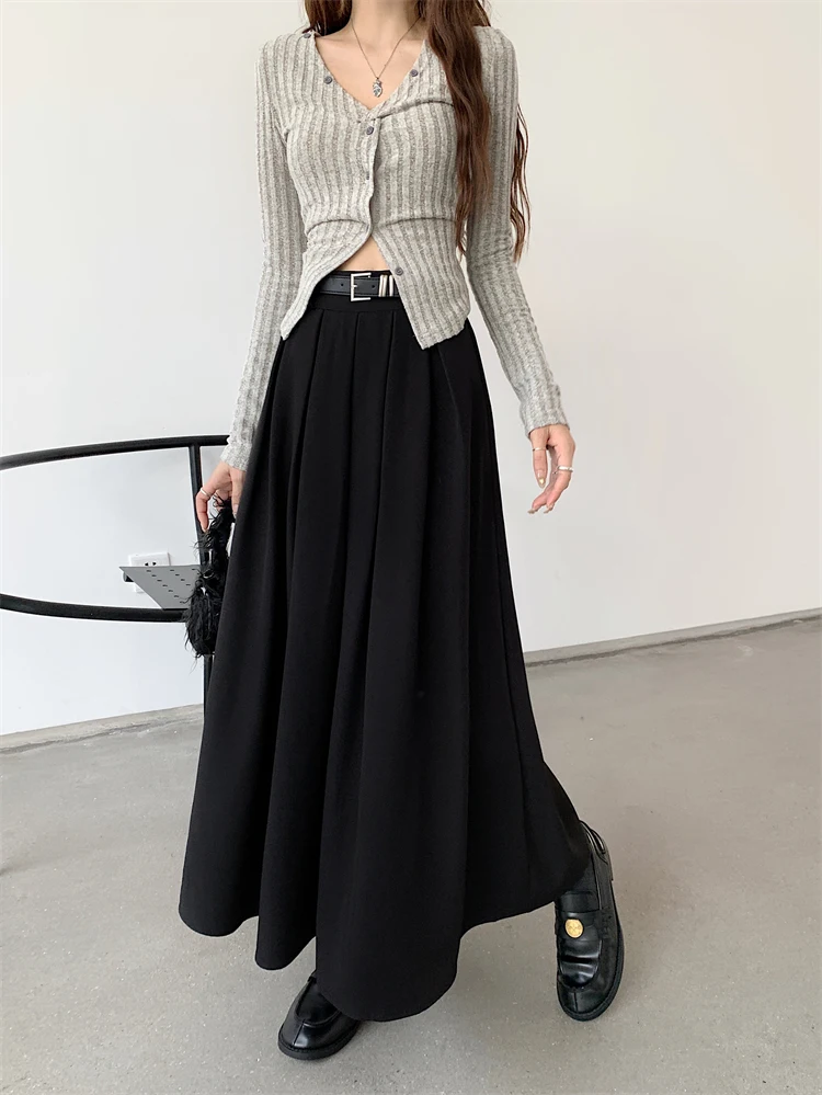 2026 New Korean Skirt Women Solid Color Versatile Mid-length Pleated Skirt Large Swing Type Skirt Female Long Skirts for Women