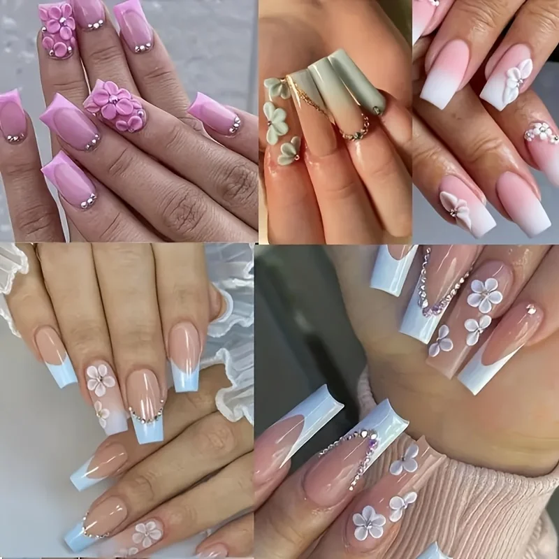1Piece Pack 5D3D Embossed Flower Nail Stickers Pink and Blue Petals, butterfly, Heart, French Lines Acrylic Spring/Summer Floral view 4