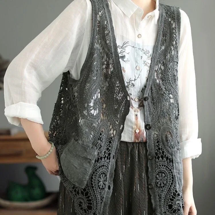 Autumn New Pure Color Artistic Retro Hollow out Knitted Vest Women's Svel Top Layering Cotton  Open Cardigan