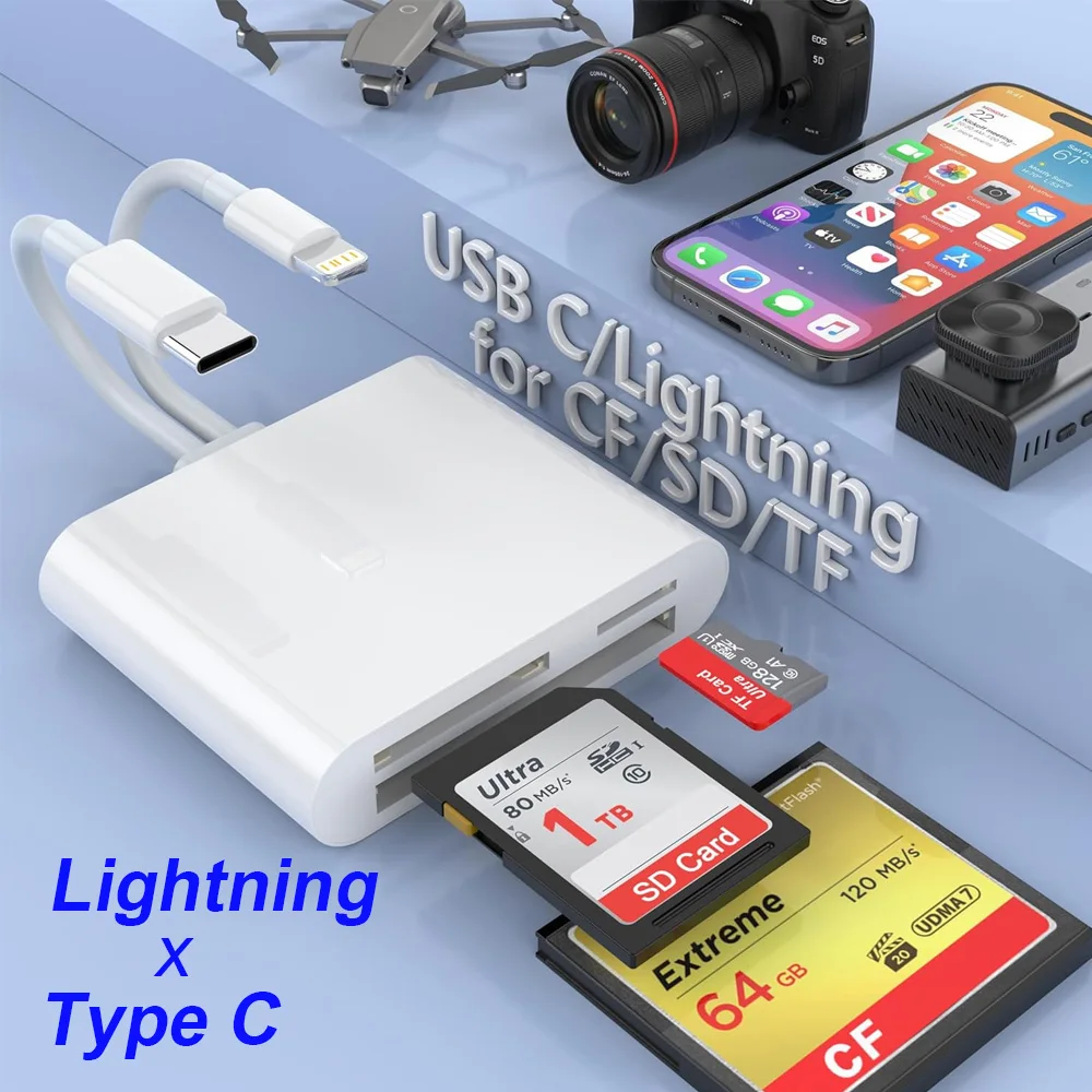 Устройство чтения SD-карт 3-в-1 Lightning Type C к SD/TF/CF Карта памяти для iPhone 16, iPad, MacBook, Samsung, Xiaomi, Multi, устройство чтения смарт-карт