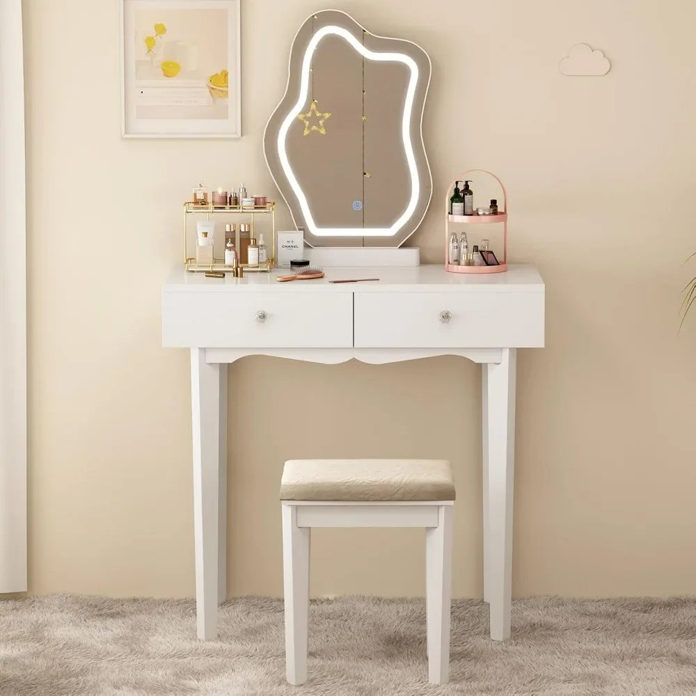 

Makeup Vanity Set with 3-Color Dimmable Lighted Mirror, Makeup Dressing Table with Drawers, Padded Stool