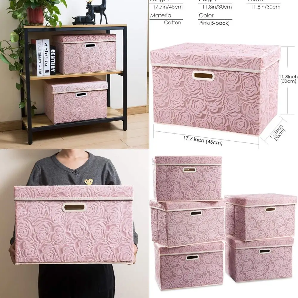 

Набор из 5 складных тканевых коробок для хранения с крышками, декоративные органайзеры-кубы для спальни, гардероба, детской комнаты - розовые, 45x30x30 см