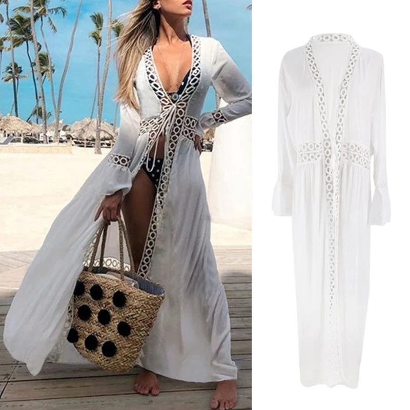 Mulher flare manga longa maiô cobrir oco para fora guarnição renda frente aberta kimono cardigan blusa maxi beachwear