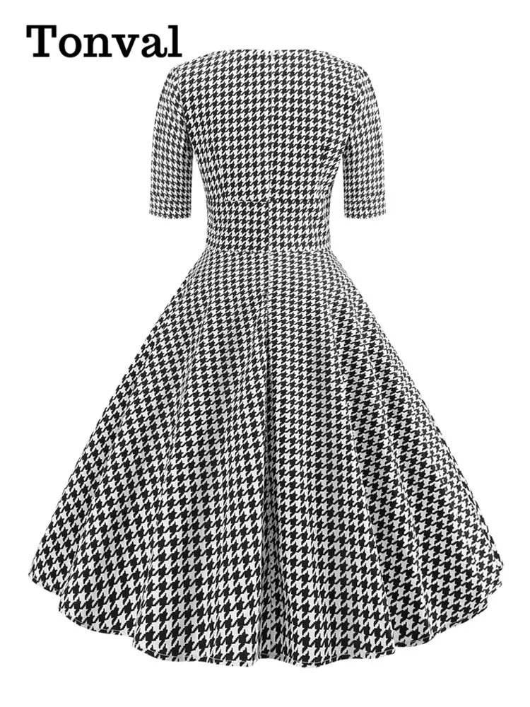 Tonval Houndstooth Print Vintage 50s Rockabilly Sexy V Neck Midi Dress Women Half Sleeve Autumn Party Elegant Cotton Dresses