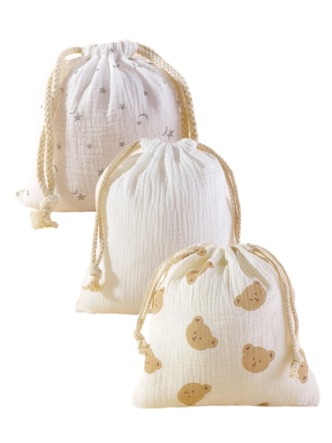 3 PCS Cotton Muslin Stroller Hanging Pocket Baby Towel Diaper Pouch Bag Baby Drawstring Storage Bags In Small And Medium Size