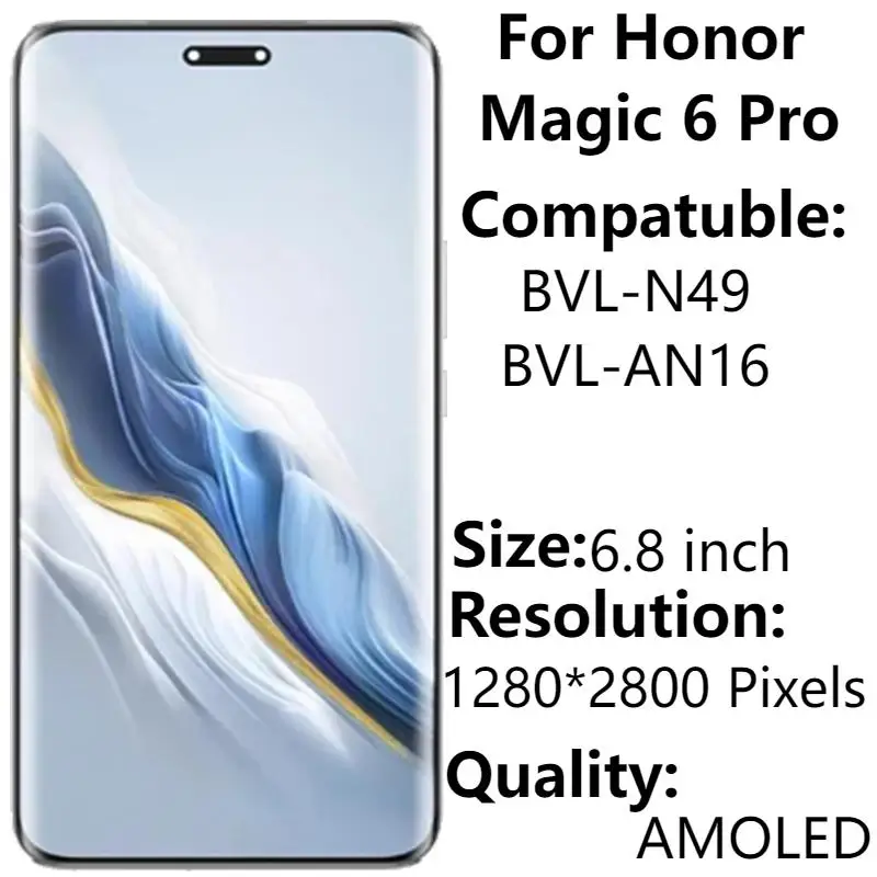 

6,8 "AMOLED для Honor Magic 6 Pro BVL-N49 BVL-AN16 ЖК-дисплей с рамкой для замены и ремонта