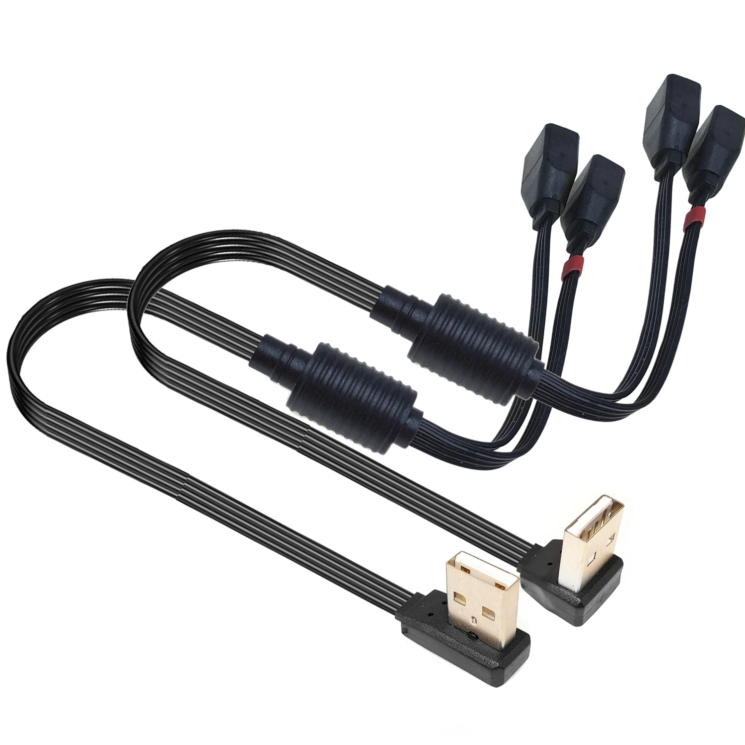 USB 2.0 2-in-1 extension cable, charging cable adapter from one plug to two sockets, USB data cable, black flat length 20cm,40cm