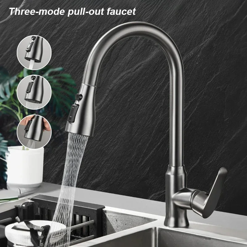 Solid Brass Pull-Out Kitchen Sink Faucet with Hot and Cold Mixer Anti-Splash Extendable Spout for Home Washing and Dish Cleaning