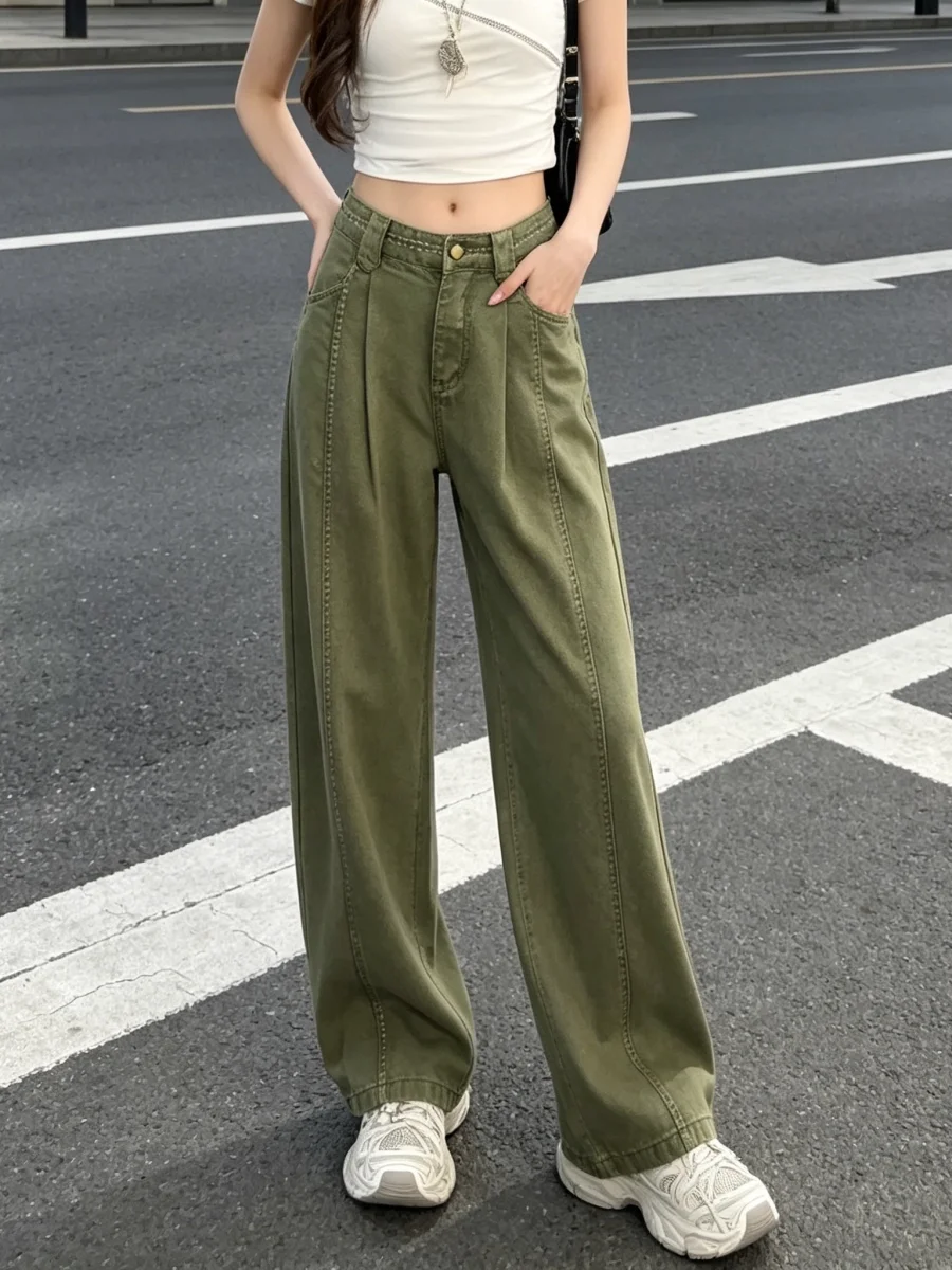 Summer Casual High Waist Loose Design Military Green Women's Jeans Knife  Wide Leg Pants Slimming Effect