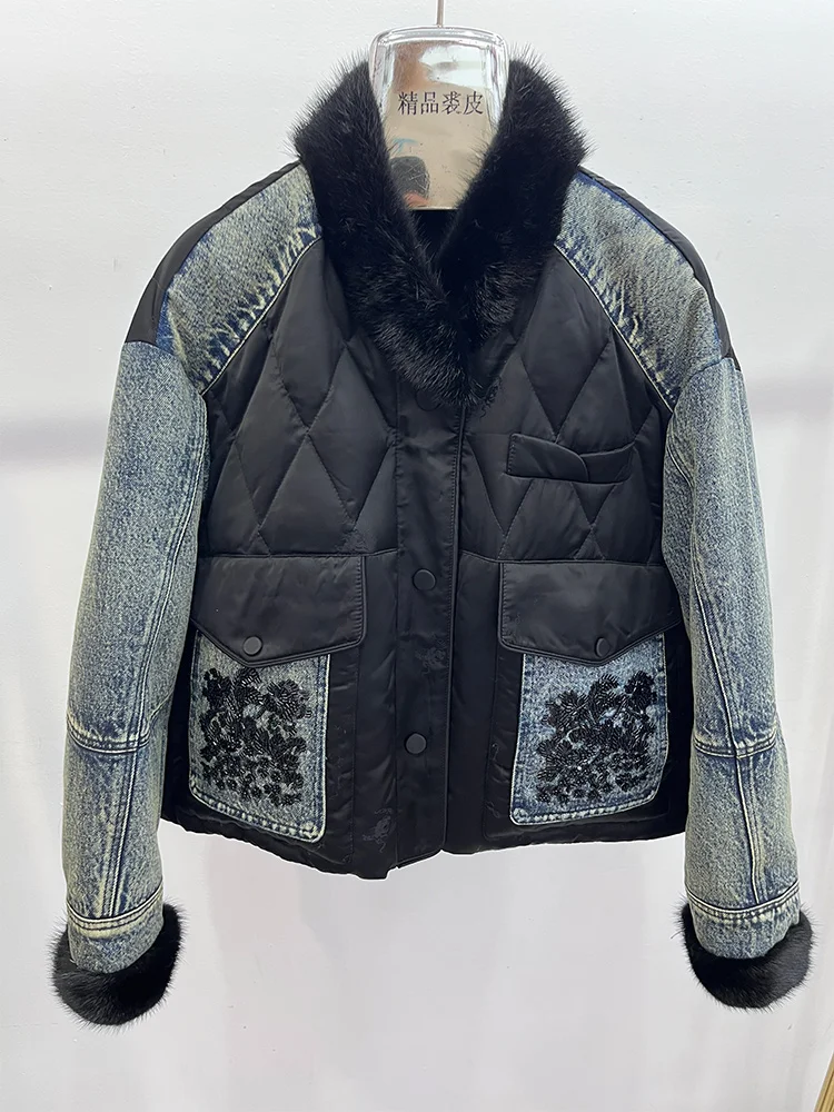 2025 novo inverno jaqueta jeans feminina outwear luxo feminino natural real gola de pele de vison casacos jaqueta de penas de ganso