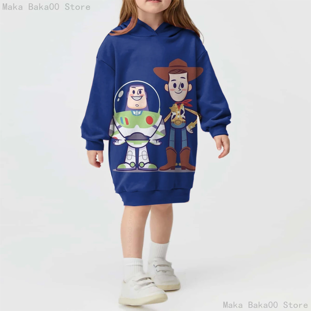 

Disney Girls Buzz Lightyear Cartoon Trendy Print Hoodie Autumn and Winter Fashion Simple Warm Sweater Dress Children's Clothing