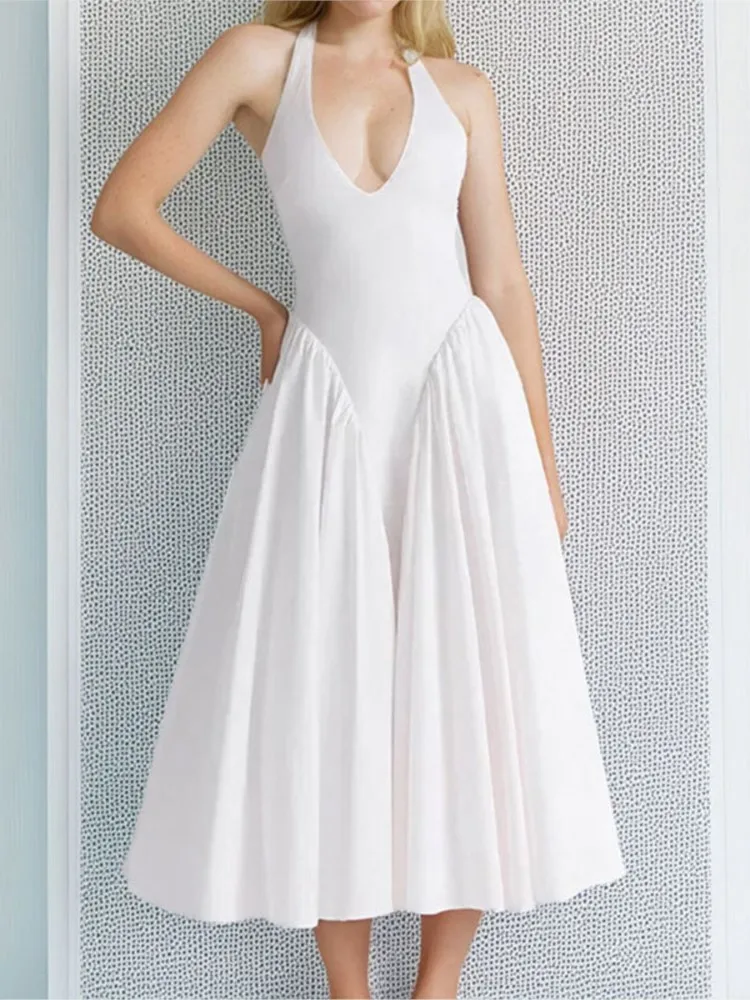 

Summer New Sexy Solide White Bow Halter Sleeveless V Collar Sling Midi Dress Women Low Waist A-Line Pleated Swing Backless Dress