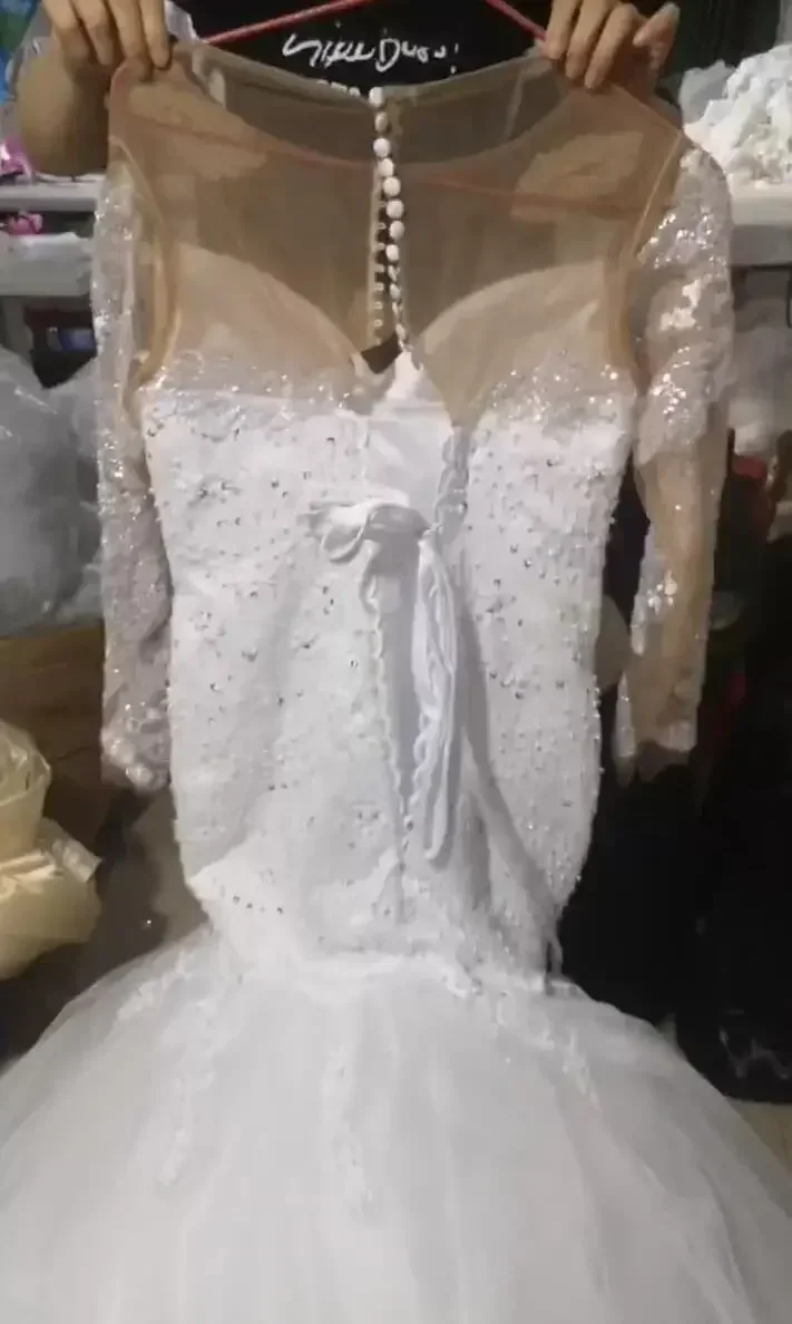 Vestido De Novia De sirena con apliques De encaje y cuello redondo personalizado, cola De barrido, vestido De Novia africano De manga larga