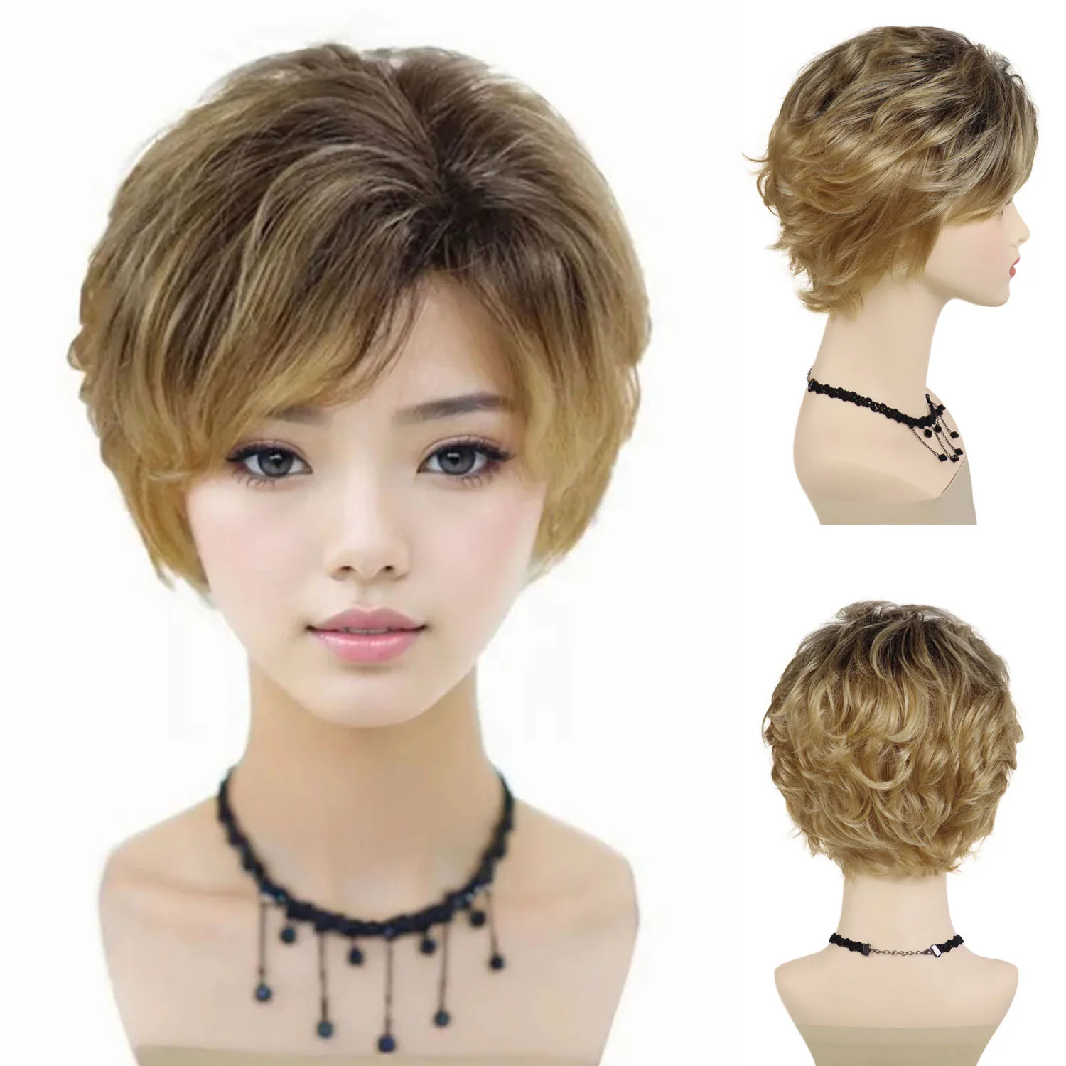 Synthetic Ombre Blonde Curly Wigs Natural Short Women Wig Mommy Layered Hair Wig with Bangs Cancer Patient Gift Daily Casual Use