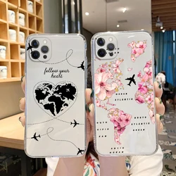 World Map Travel Couple Phone Cover For iPhone 15 14 13 12 11 Pro Max Mini XS XR X 7 8 Plus Cover Shell Silicone Paired Fundas