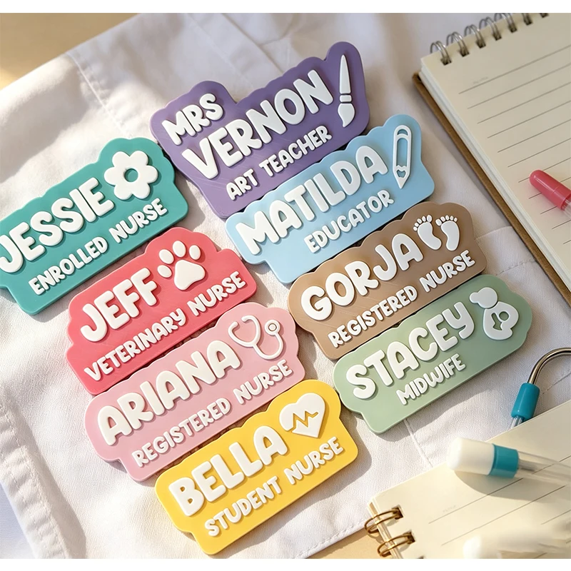 Custom 3D Raised Letter Acrylic Name Badge Pin Paw Footprint Multi-symbols Name ID Personalized Pins For Nurse Teacher Midwife