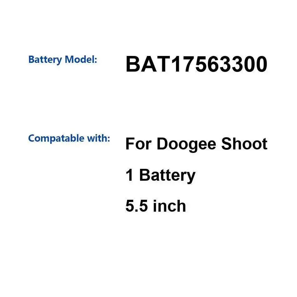 

Аккумулятор мобильного телефона 3300 мАч, надежный источник питания BAT17563300, быстрая зарядка для Doogee Shoot 1 5,5 дюйма