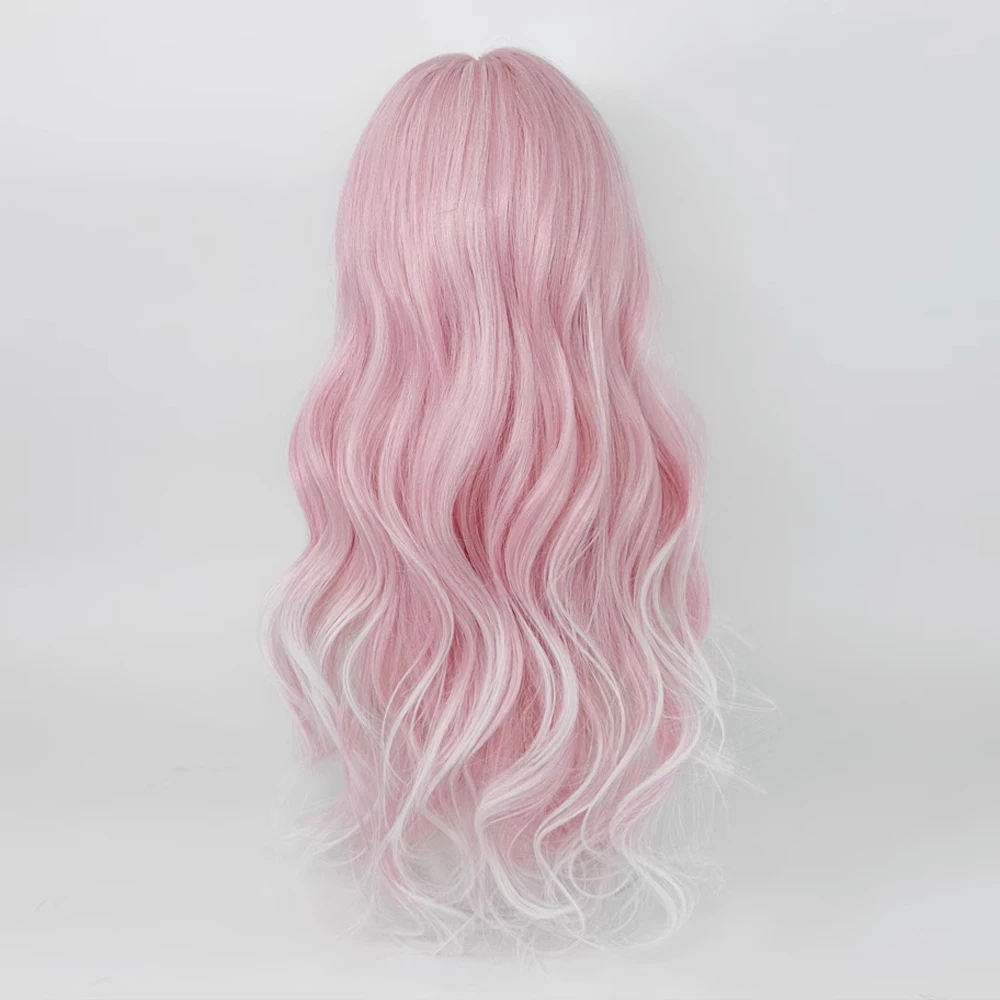 Synthetische lange gewellte Ombre rosa weiße Farbverlauf Frauen Perücken mit Pony natürliche flauschige Lolita Cosplay Haar Perücke für die tägliche