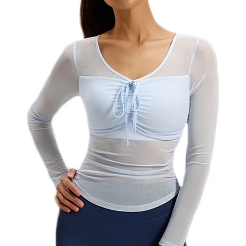 

Aiithuug Build-in Bra Mesh Long Sleeve Sports Tops Quick Dry Sexy Running Shirt Slim Fitting Yoga Shirt Sheer Mesh Gym Tops