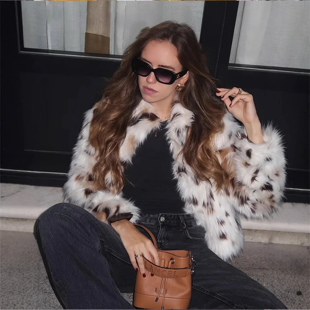 레오파드 프린트 여성용 인조 모피 재킷 스탠드 그라데이션 플러피 가디건 스트리트웨어 루즈 플러시 코트 겨울 스타일리시 퍼리 재킷