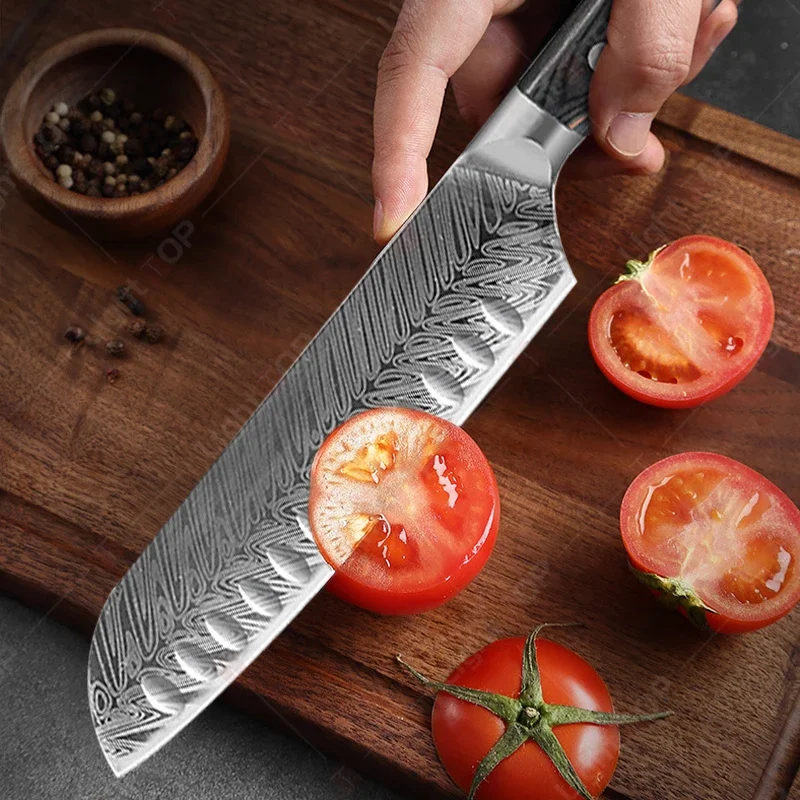 Stainless Steel Japanese Kitchen Chef Knives Set Santoku Knife Sharp Fruit Peeler Damascus Steel Pattern Boning Knife BBQ Tools