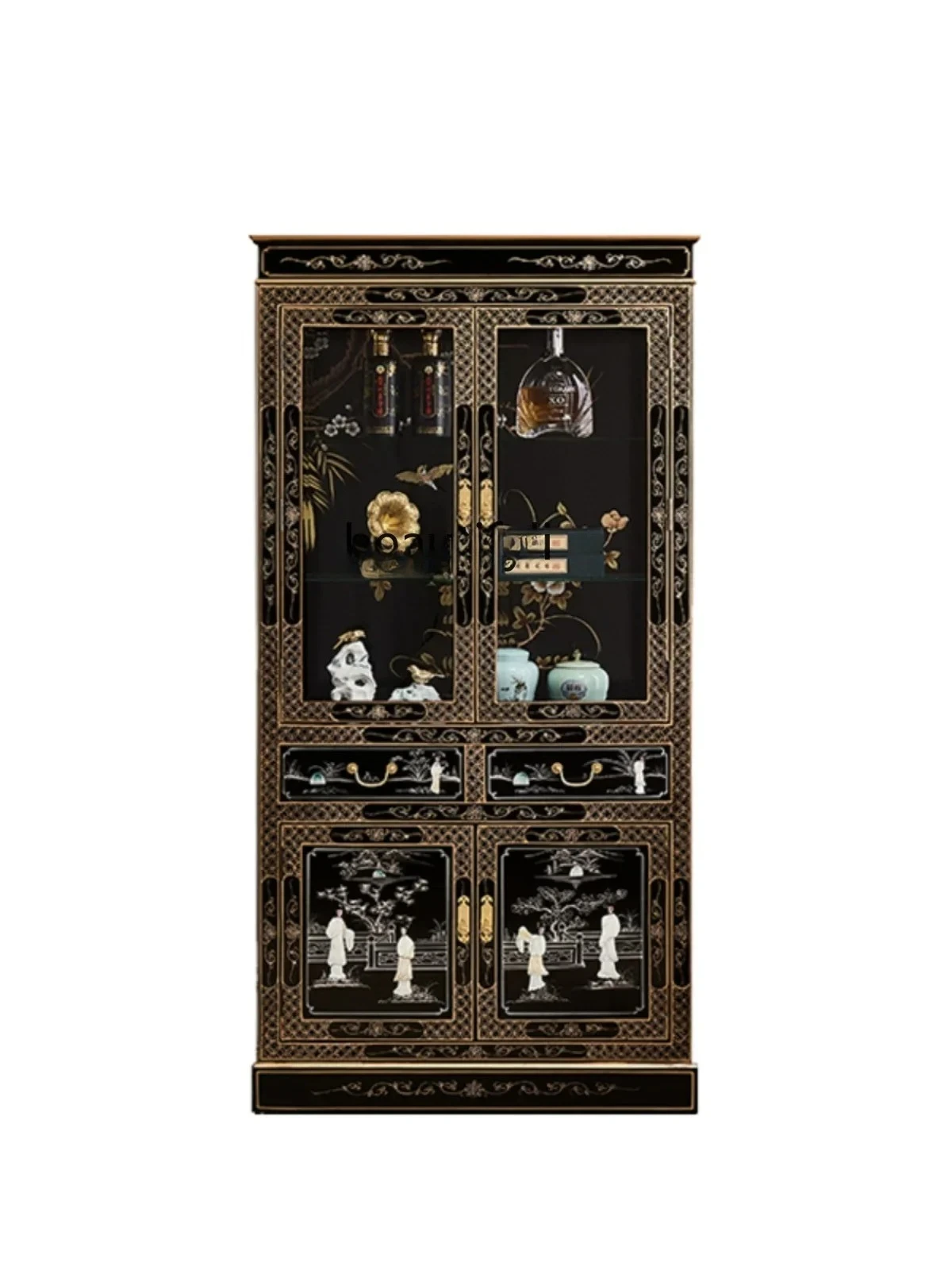 

A15 NewChineseStyleBookcase Винный шкаф Шкаф для хранения Стеклянная дверь Домашняя винтажная мебель для хранения из цельного дерева Декор для гостиной