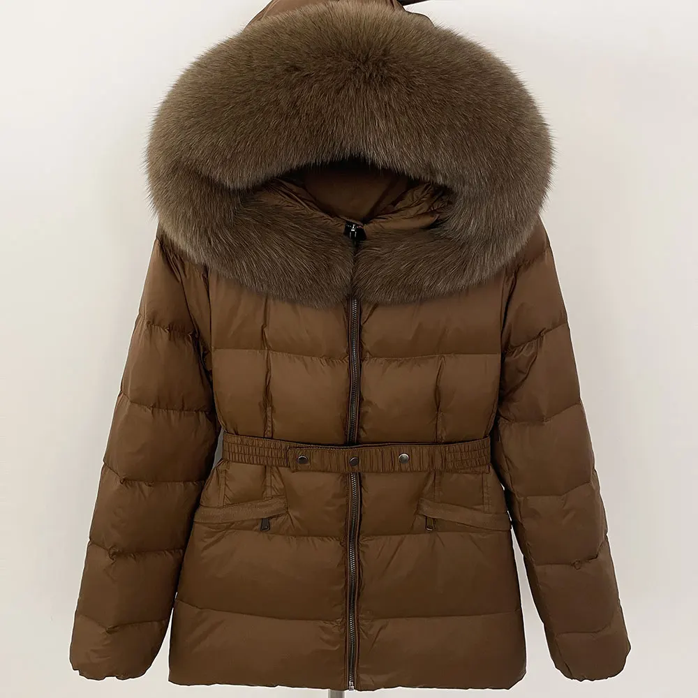 

CXFS 2025 Зимняя куртка женская из натурального натурального лисьего меха енота с воротником с капюшоном белое утиное пуховое пальто с поясом толстая теплая повседневная верхняя одежда