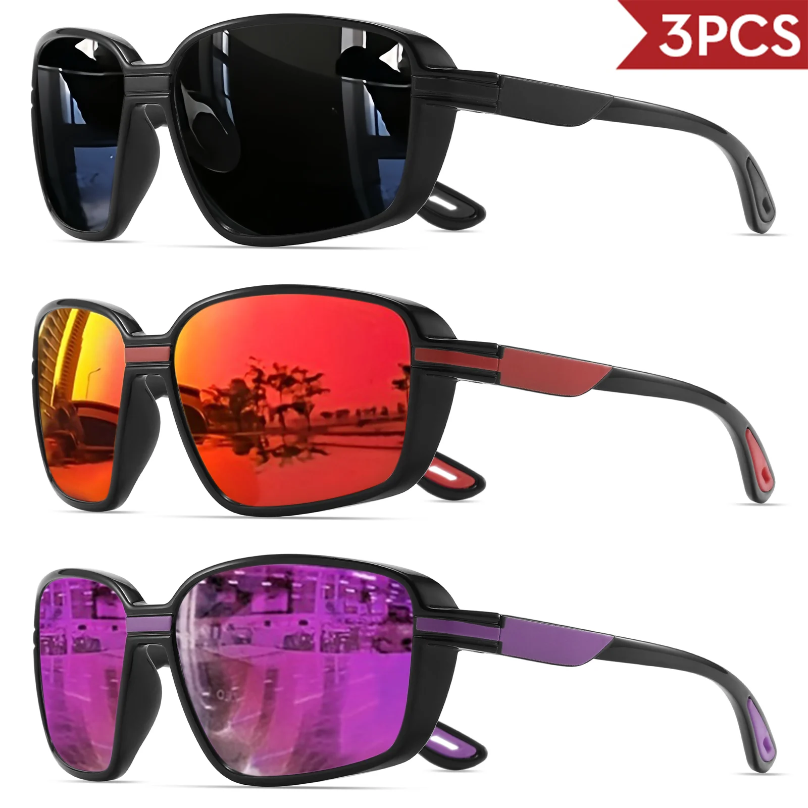 3 Stück klassische quadratische Retro-polarisierte Sport-Sonnenbrille – übergroßer umlaufender Rahmen, UV400 zum Angeln, Laufen, Wandern und Reisen
