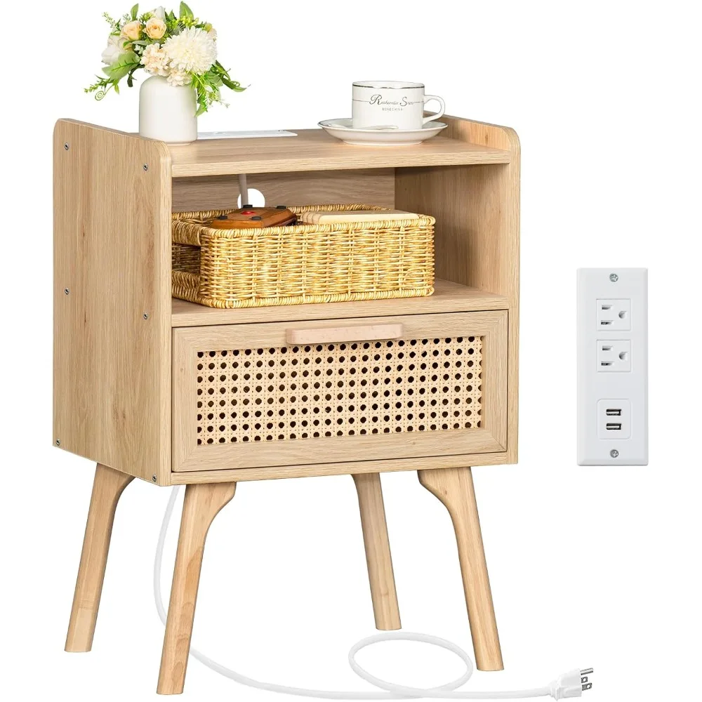 

Rattan Nightstand with Charging Station, Boho Side Table with Drawer Open Shelf, Cane Accent Bedside End Table with Solid Wood