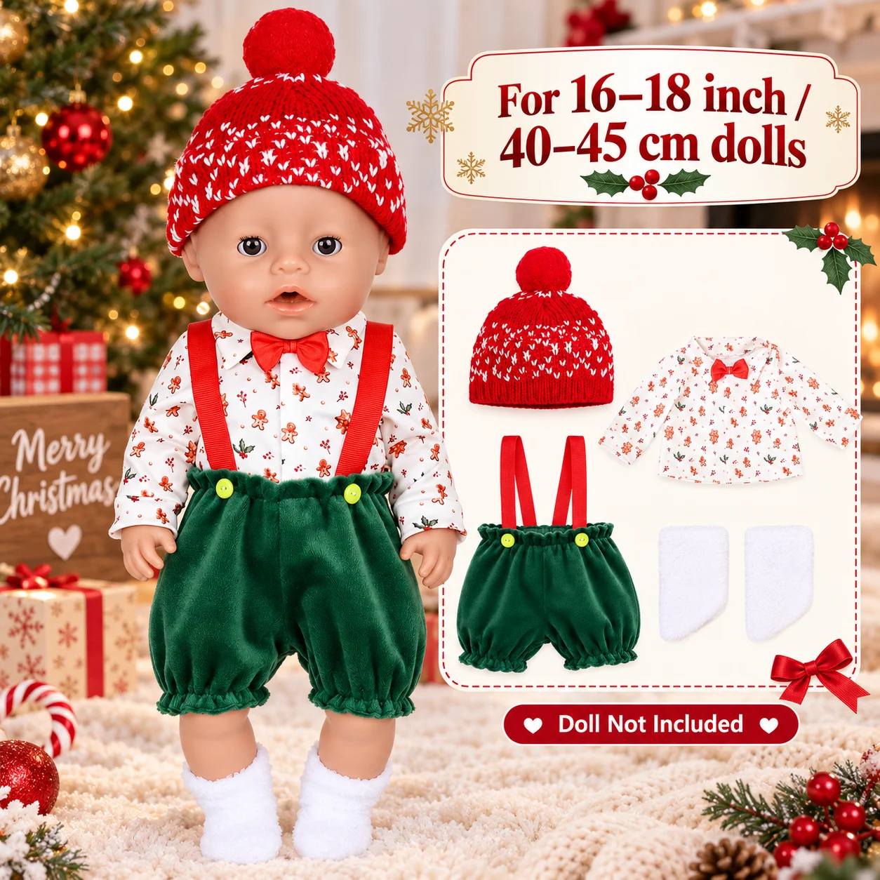 Christmas Doll Clothes for 16-18inch 40-45cm Reborn Baby Doll Knit Hat Shirt Suspender Pants Socks Pretend Play Kids Girls Gift