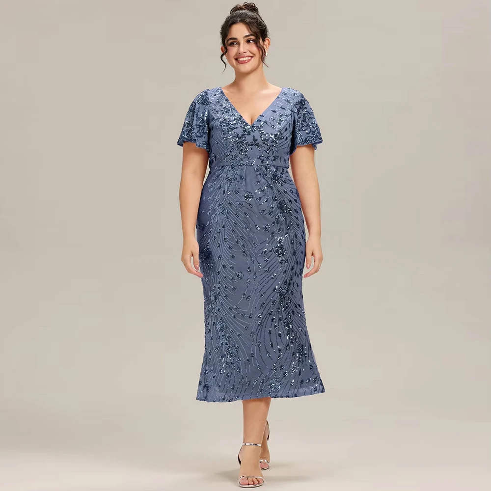 BAZIIINGAAA Party Dress Plus Size Strapless Deep V-Neck Fishtail Paillette Midi Evening Dresses