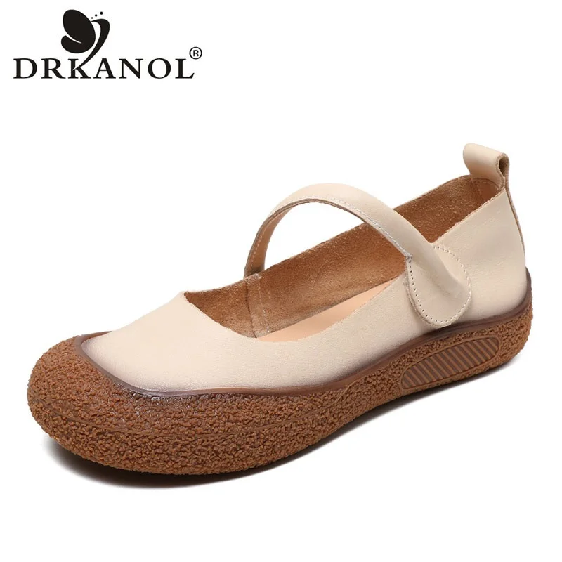 

DRKANOL 2024 Loafers Women Shallow Round Toe Genuine leather Hook And Loop Flat Shoes Ladies Handmade Retro Casual Single Shoes