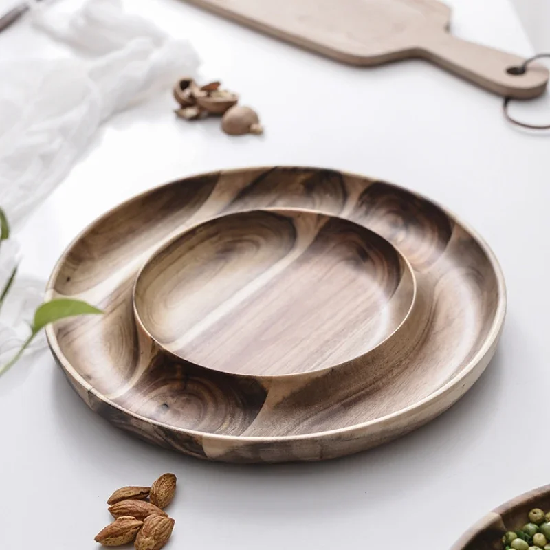 

Multi Size Acacia Wood Circular Multifunctional Nut Plate Household Kitchen Candy and Snack Storage Compartment Tray