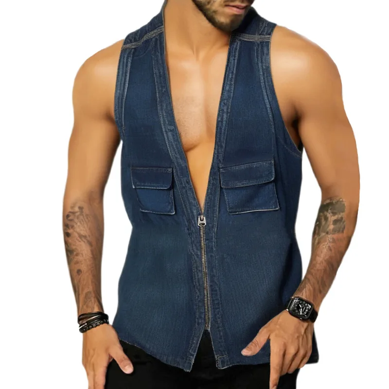 Men's Denim Vest Sexy V-neck Sexy Sleeveless Slim Zipper Cardigan Punk Men's Wear