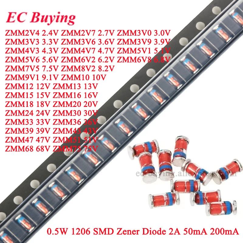 100Pcs 0.5W 1206 SMD Zener Diode 2V 2.7V 3V 3.3V 3.6V 3.9V 4.7V 5V 5.7V 5.1V 5.6V 6.2V 7.5V 8.2V 10V 12V 13V 15V 20V 24V 39V 51V
