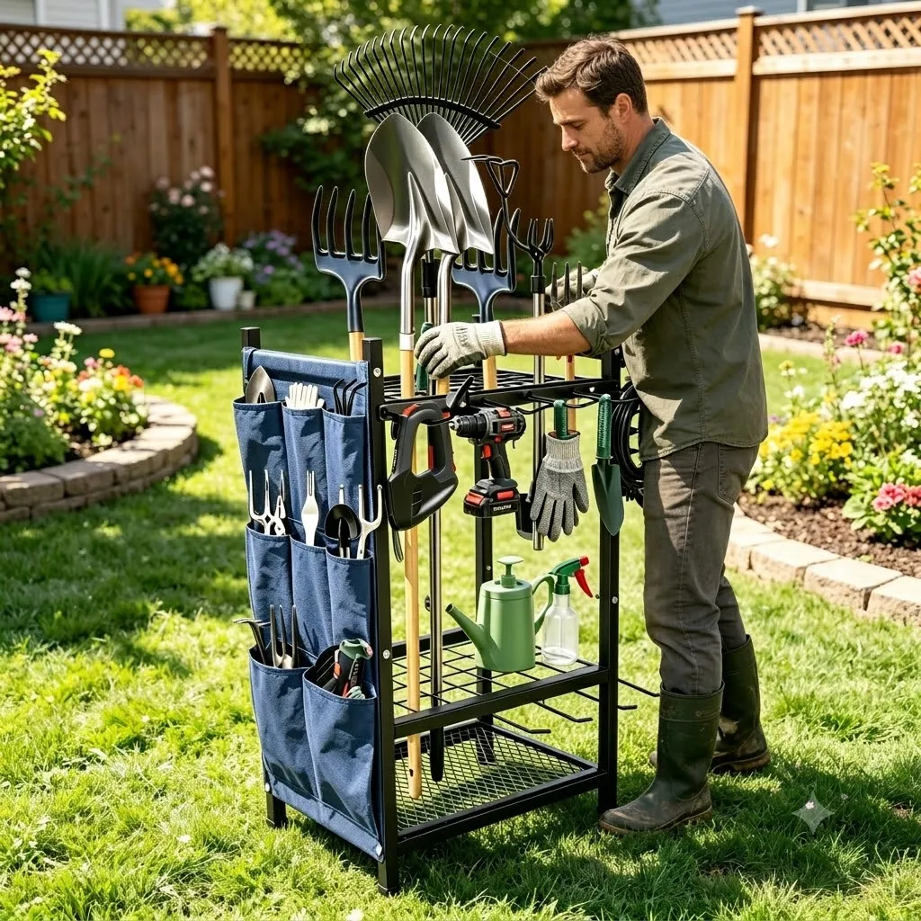 Garden Tool Storage Organizer, Heavy Duty Black Metal Garage Tool Rack, Freestanding Long Handle Tool Holder, 2 Styles Optional: With Blue Side Storage Bags or Perforated Pegboard, for Shovels, Rakes, Power Tools, Garage & Shed Storage