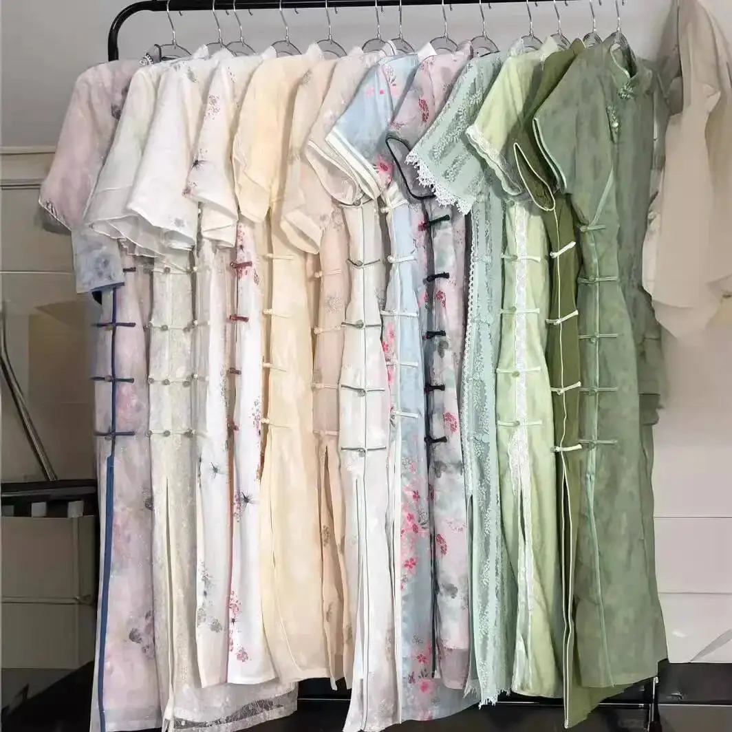 

New Chinese Style Cheongsam Embroidered Waist-cinching Dress Women's Fashionable Retro Summer New Arrival Polyester Fiber