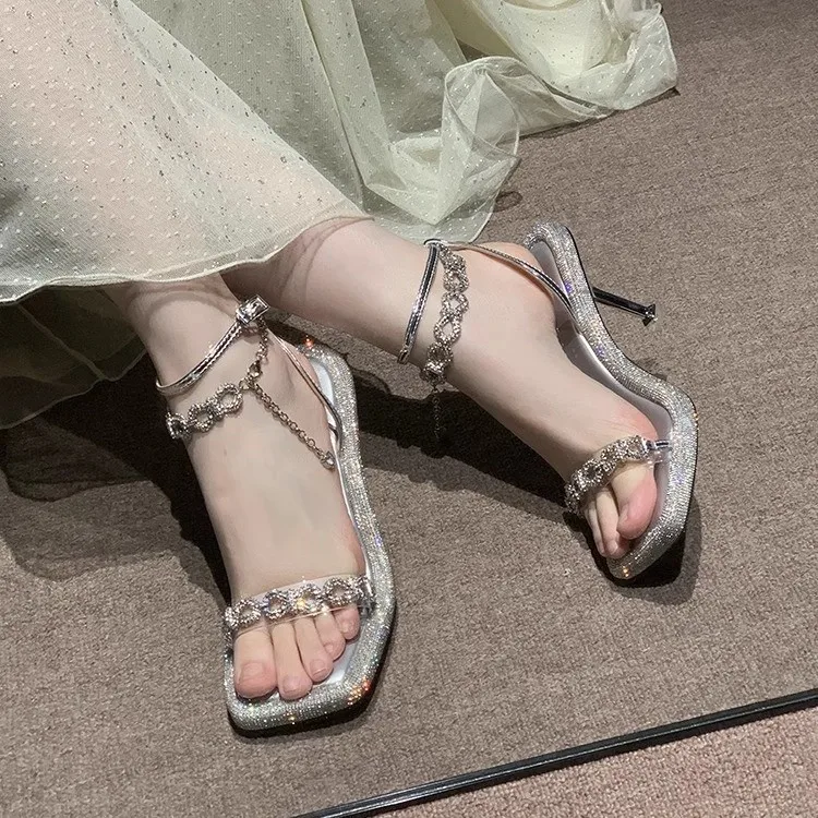 

Красивые женские туфли на высоком каблуке-шпильке, лето 2025, нежные мужские красивые сандалии со стразами