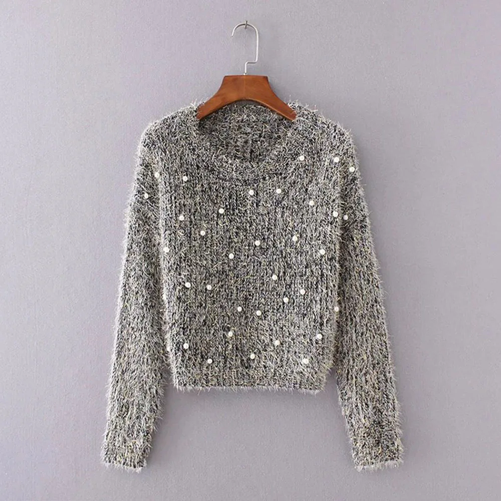 Autumn Winter Fashion Bright Beading Sweaters Women\'s Clothing Sweet O-Neck Solid Loose Knitted Tops Casual Korean Pullovers