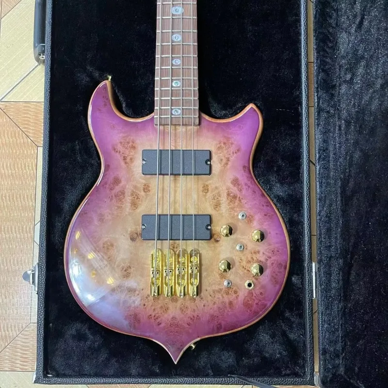 Custom 4 Strings Neck Through Body Burst Maple Wood Style Electric Bass in Purple Color