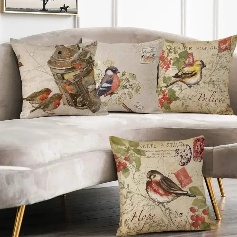 Bird magpie retro printed linen pillowcase sofa cushion cover home decoration can be customized for you 40x40 50x50 45x45