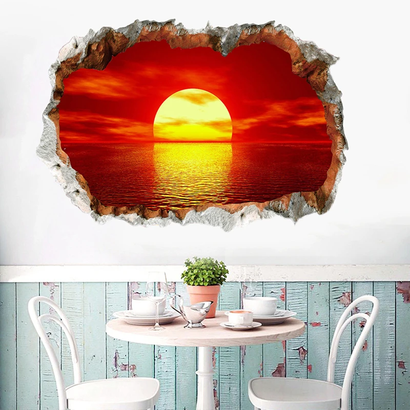 3D Wall Hole Art Ocean Sunrise Landscape Vinyl Mural Stickers Home Decorations for Living Room Bedroom Sea View Poster Wallpaper