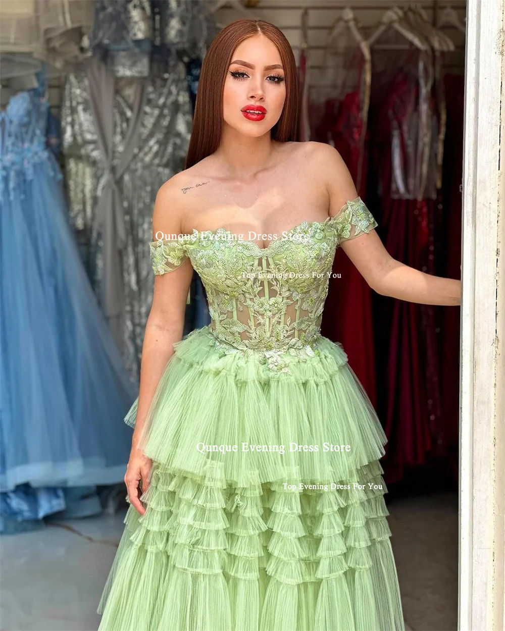 Qunque Sweetheart Mint Green Tiered Tulle Prom Dress Customized Appliques Beaded Gorgeous Robes De Cocktail Birthday Dresses