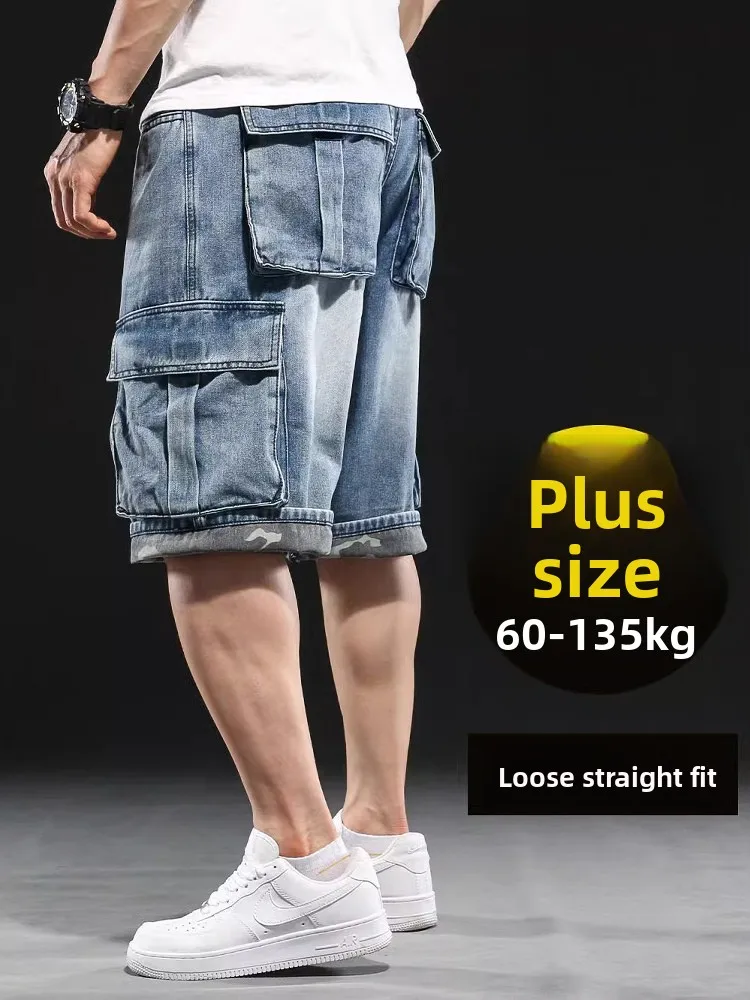 

Мужские джинсовые шорты в американском стиле, утяжеленные, с множеством карманов, свободного кроя, широкие, больших размеров, средней длины (до колена)