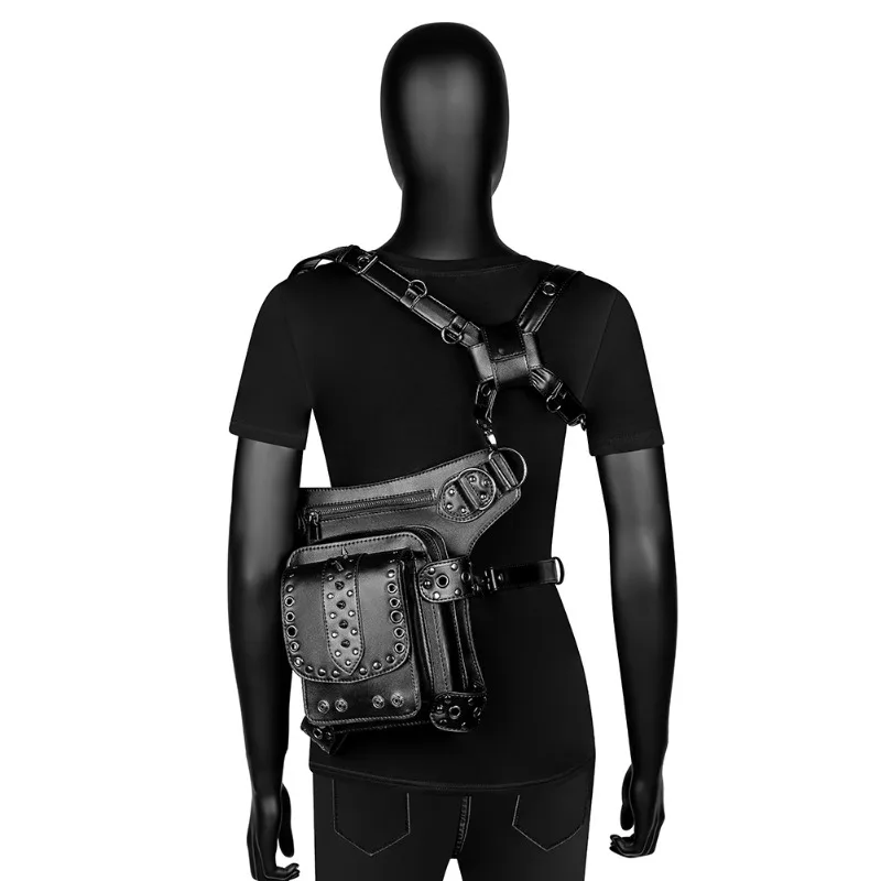 Fashion Trend Rivet Black Crossbody Shoulder Waist Bags for Men and Women Retro Punk PU Outdoor Riding Motorcycle Bag Fanny Pack